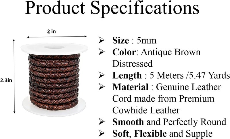 GENIQUE Real/Genuine Round Braided Leather Cord String Rope Folded, Leather Rope for Crafts, Jewelry Making, Necklace, Bracelets (5 Metres) (5mm, Antique Brown Distressed) - Image 3